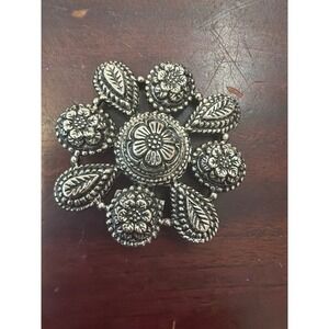 Vintage Sajen Silver Tone Floral Brooch Ornate Teardrop Flower Pin Boho Jewelry